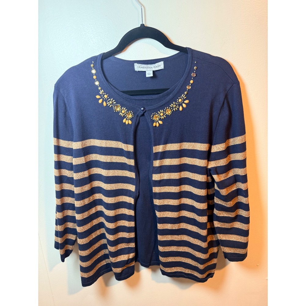 Samantha Grey Embellished Navy Blue Gold Stripe Cardigan Set Size‎ L Workwear